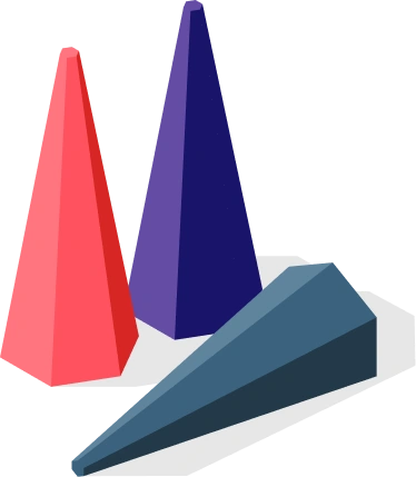Illustrazione flat di tre pedine a forma di piramide allungata nei colori rosso, viola e grigio scuro